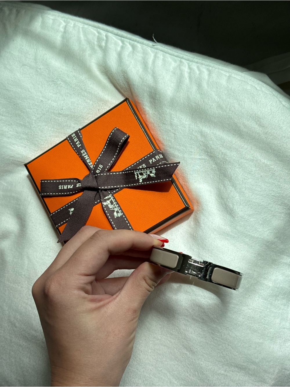 Hermès Clic Narrow H Bracelet in Taupe and Palladium Silver